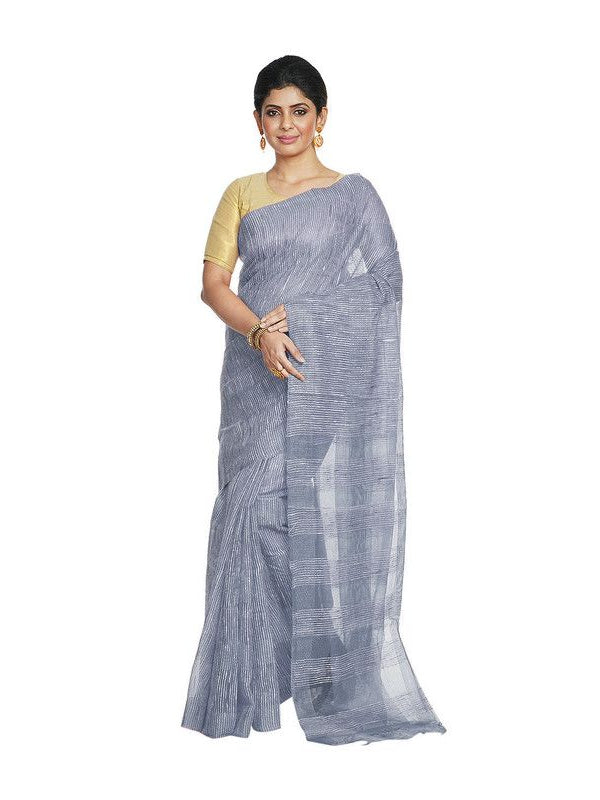 Grey women's Bhagalpuri Kota Doria Silk Semi Transparent Saree With Unstiched Blouse Piece
