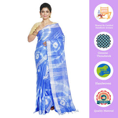 Blue women's Bhagalpuri Handloom Linen Blend Tie-Dye (Sibory Dye) Saree With Running Unstiched Blouse Piece