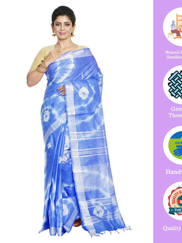 Blue women's Bhagalpuri Handloom Linen Blend Tie-Dye (Sibory Dye) Saree With Running Unstiched Blouse Piece