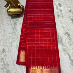 Cotton Silk Handloom Bhgalpuri Check Saree with Gold Zari Border with Blouse Piece (100171 Fine_Red)