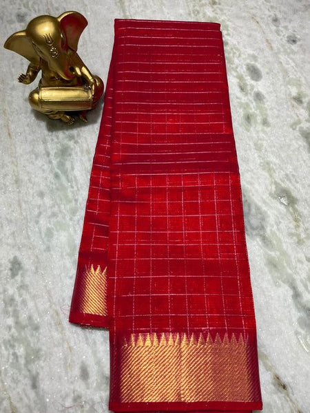 Cotton Silk Handloom Bhgalpuri Check Saree with Gold Zari Border with Blouse Piece (100171 Fine_Red)