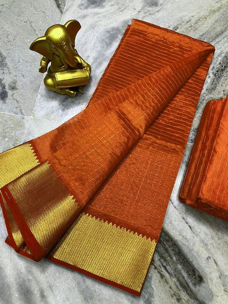 Cotton Silk Handloom Bhagalpuri Wide Border Check Saree (Gold-Burnt_Orange)