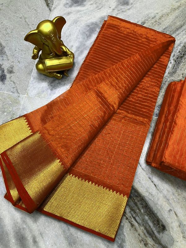 Cotton Silk Handloom Bhagalpuri Wide Border Check Saree (Gold-Burnt_Orange)