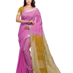 Neon Pink & Golden Brown women's Bhagalpuri Handloom Linen Cotton Blend Two Dye Saree With Running Unstitched Blouse Piece