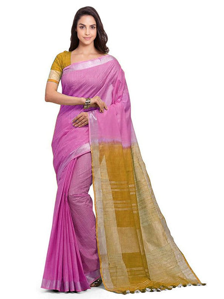 Neon Pink & Golden Brown women's Bhagalpuri Handloom Linen Cotton Blend Two Dye Saree With Running Unstitched Blouse Piece