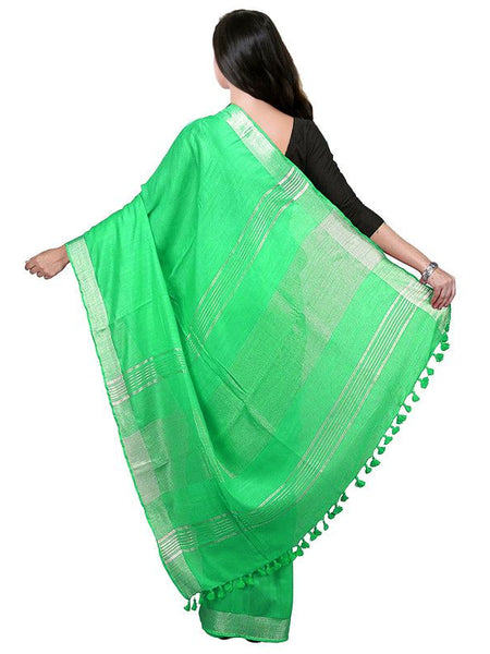 Spring Green Bhagalpuri women's Handloom Linen Cotton Ethnic Wear Saree With Running Unstitched Blouse Piece - View 4