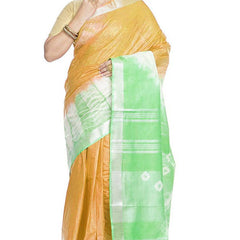 Xanthous Orange & Light Green women's Bhagalpuri Handloom Cotton Linen Slub Blend Tie Two Dye (Sibory Two Dye) Saree With Running Unstitched Blouse Piece - View 4