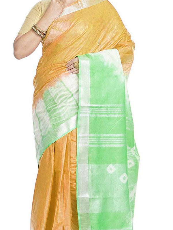 Xanthous Orange & Light Green women's Bhagalpuri Handloom Cotton Linen Slub Blend Tie Two Dye (Sibory Two Dye) Saree With Running Unstitched Blouse Piece - View 4