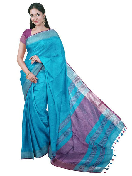 Cyan women's Bhagalpuri Handloom Cotton Linen Blend Saree With Contrast Unstiched Blouse Piece - View 4