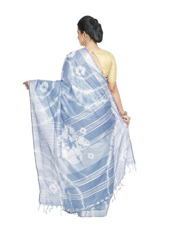 Powder Blue women's Bhagalpuri Handloom Linen Blend Tie-Dye (Sibory Dye) Saree With Running Unstiched Blouse Piece - View 4