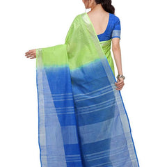 Green & Cyan women's Bhagalpuri Handloom Linen Slub Blend Two Dye Saree With Running Unstitched Blouse Piece - View 4