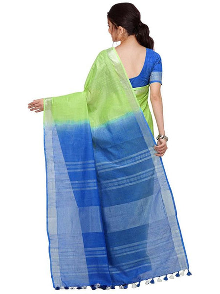 Green & Cyan women's Bhagalpuri Handloom Linen Slub Blend Two Dye Saree With Running Unstitched Blouse Piece - View 4