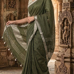 Handwoven Linen Blend Saree With Running Blouse Piece(Mehendi Green)