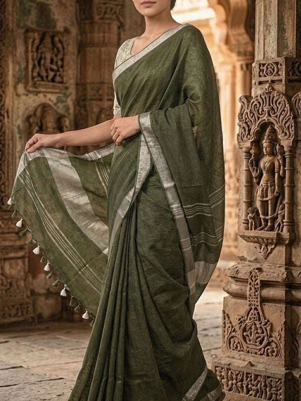 Handwoven Linen Blend Saree With Running Blouse Piece(Mehendi Green)