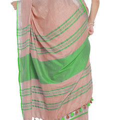Tea Rose Pink-Green women's Bhagalpuri Handloom Cotton Linen Blend Contrast Pallu Saree And Unstitched Contrast Blouse Piece - View 5