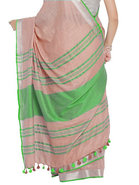 Tea Rose Pink-Green women's Bhagalpuri Handloom Cotton Linen Blend Contrast Pallu Saree And Unstitched Contrast Blouse Piece - View 5