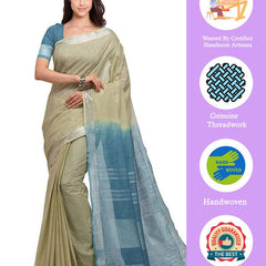 Yuma Tan & Cerulean Blue women's Handloom Bhagalpuri Linen Cotton Slub Blend Two Dye Saree With Running Unstitched Blouse Piece - View 3