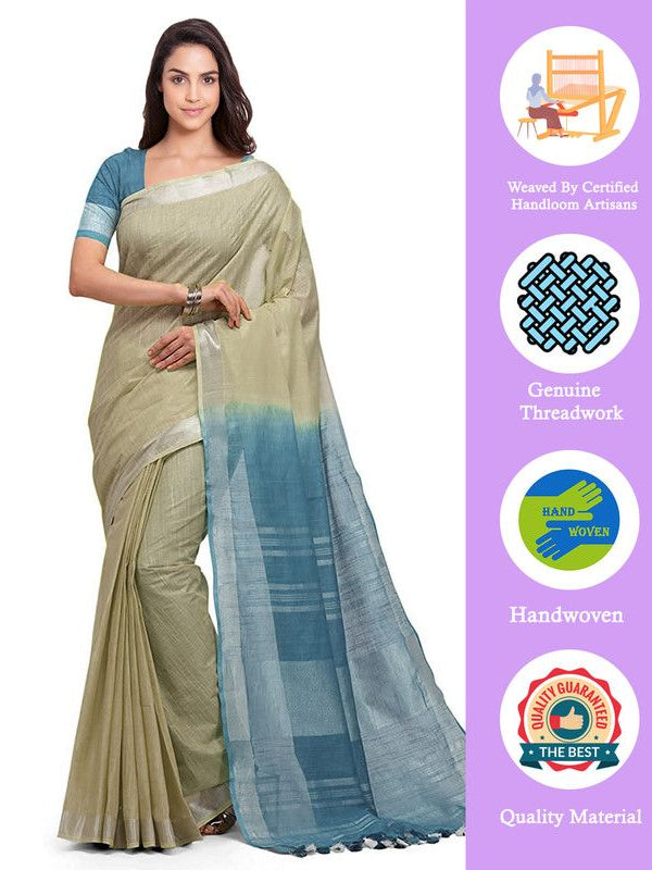 Yuma Tan & Cerulean Blue women's Handloom Bhagalpuri Linen Cotton Slub Blend Two Dye Saree With Running Unstitched Blouse Piece - View 3