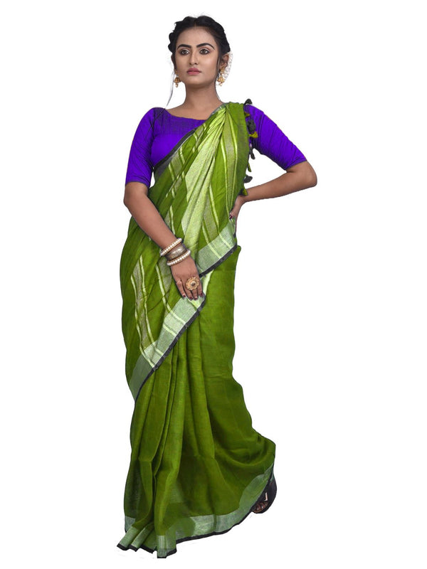 Parrot Green Bhagalpuri Handloom women's Linen Slub Blend Saree With Black Pipin Contrast Blouse Piece - View 2