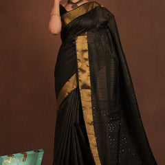 Bhagalpuri Silk Striped Sequins Saree with Zari Border (Black)