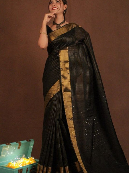 Bhagalpuri Silk Striped Sequins Saree with Zari Border (Black)