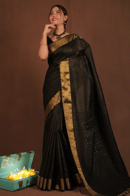 Bhagalpuri Silk Striped Sequins Saree with Zari Border (Black)