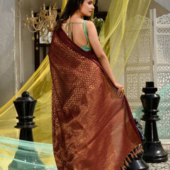 Maroon Red Cotton Tissue Silk Designer Handloom Bhagalpuri Saree - View 5