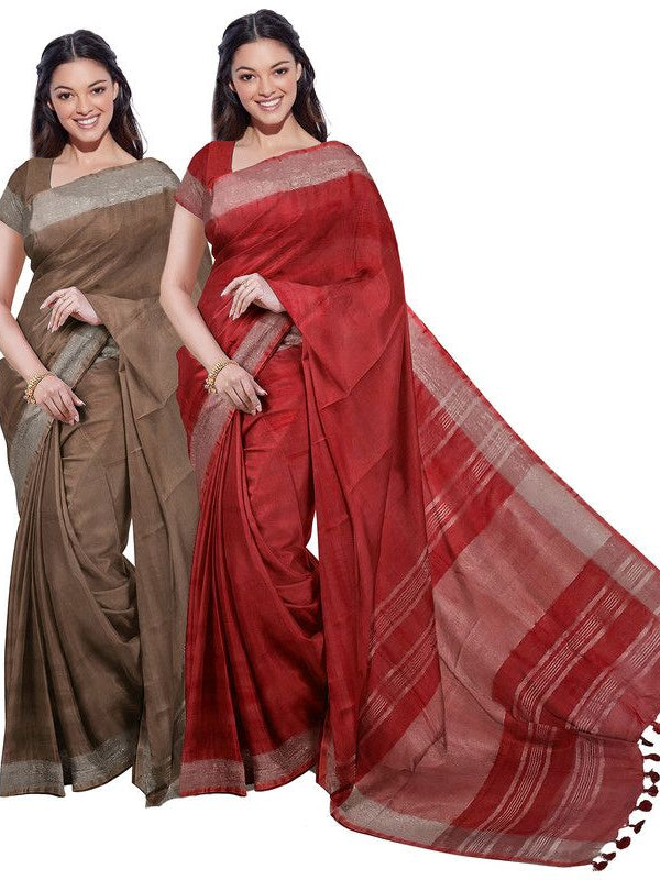 Brown & Red women's Bhagalpuri Handloom Cotton-Linen Blend Saree Combo (Pack Of 2) With Running Unstiched Blouse Piece