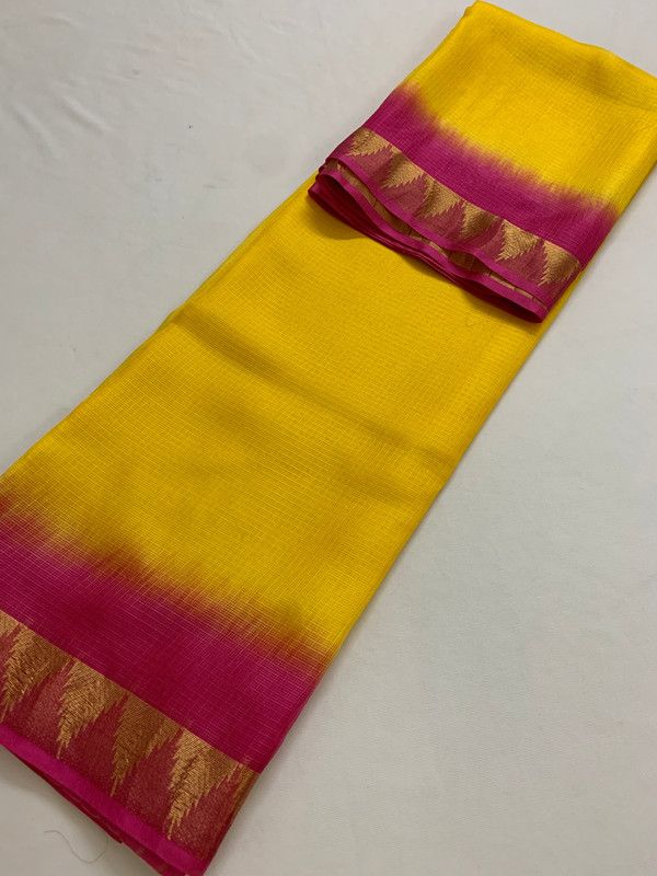 Temple Border Handloom Two Dye Organza Net Saree (Yellow_Hot_Pink) - View 2