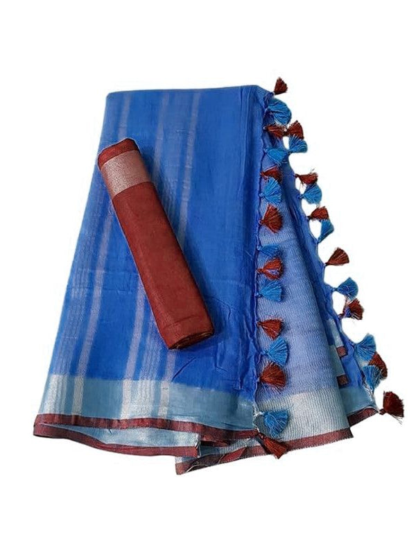 Handloom Bhagalpuri Linen Cotton Blend Contrast Border Saree for Women (12640 Neon_Blue-Red) - View 2