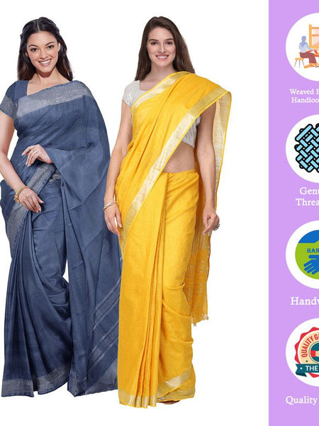 Lake Blue & Yellow women's Bhagalpuri Handloom Cotton-Linen Blend Saree Combo (Pack Of 2) With Running Unstiched Blouse Piece