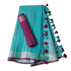 Handloom Bhagalpuri Linen Cotton Blend Contrast Border Saree for Women (12615 Turquoise-Pink) - View 2