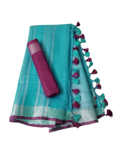 Handloom Bhagalpuri Linen Cotton Blend Contrast Border Saree for Women (12615 Turquoise-Pink) - View 2