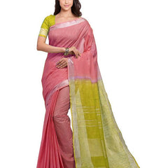 Coral Pink & Pear Green women's Bhagalpuri Handloom Linen Slub Blend Two Dye Saree With Running Unstitched Blouse Piece - View 2