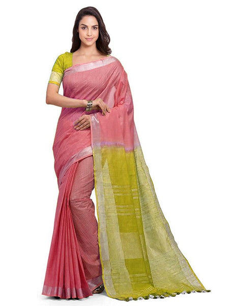 Coral Pink & Pear Green women's Bhagalpuri Handloom Linen Slub Blend Two Dye Saree With Running Unstitched Blouse Piece - View 2