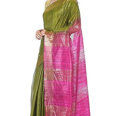 Tusasar Ghicha Bhagalpuri Silk Two Dye Saree (Sycam_Green & Hot_Pink) - View 2