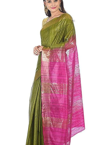 Tusasar Ghicha Bhagalpuri Silk Two Dye Saree (Sycam_Green & Hot_Pink) - View 2