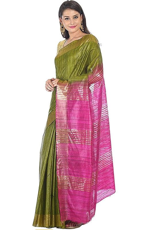 Tusasar Ghicha Bhagalpuri Silk Two Dye Saree (Sycam_Green & Hot_Pink) - View 2