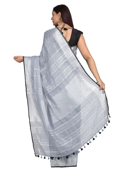Grey  Bhagalpuri Blend Linen Saree With Black Pipine Contrast Blouse Piece - View 2