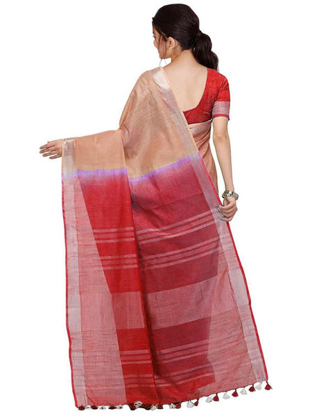 Persian Orange & Red women's Handloom Bhagalpuri Linen Blend Two Dye Saree With Running Unstitched Blouse Piece - View 3