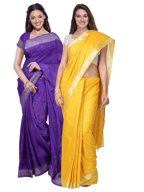 French Violet & Yellow women's Bhagalpuri Handloom Cotton-Linen Blend Saree Combo (Pack Of 2) With Running Unstiched Blouse Piece