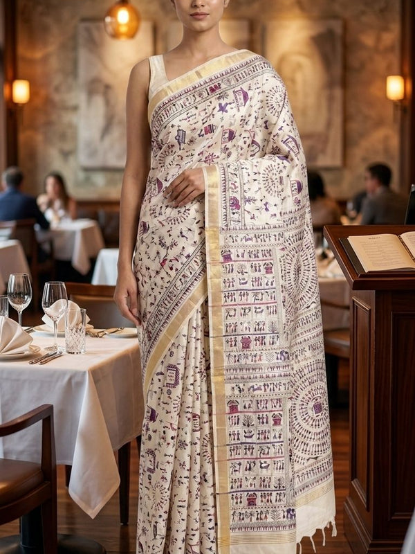 Bhagalpuri Handloom Warli Print on Premium Quality Soft Katan Tussar Silk Saree in White