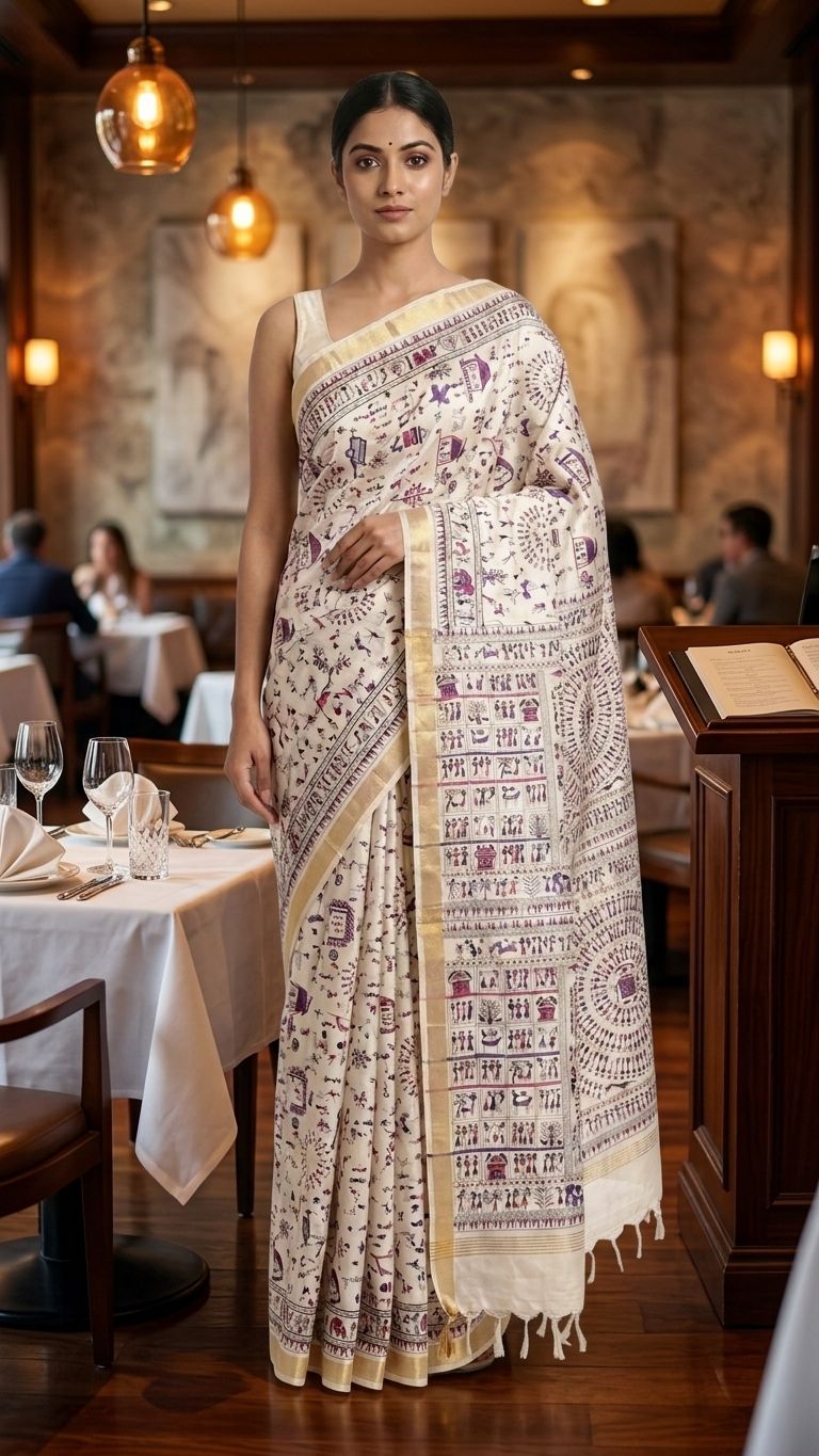 Bhagalpuri Handloom Warli Print on Premium Quality Soft Katan Tussar Silk Saree in White