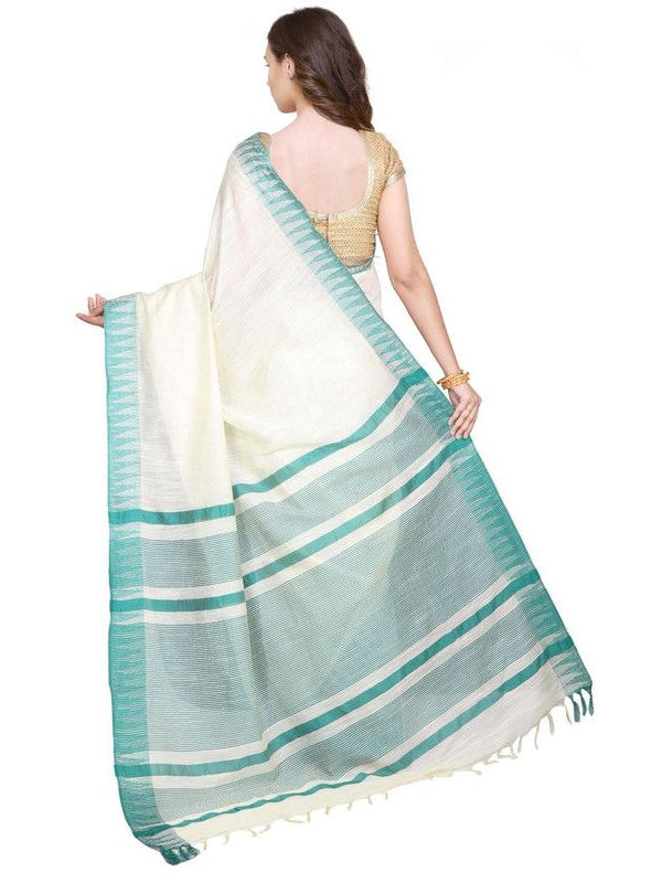 White-Turquoise women's Bhagalpuri Handloom Kota Silk Temple Border Saree And Variation Of Colors With Striped Blouse Piece