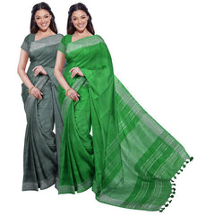Hookers' Green & Pigment Green women's Bhagalpuri Handloom Cotton-Linen Blend Saree Combo (Pack Of 2) With Running Unstiched Blouse Piece