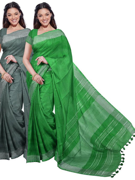 Hookers' Green & Pigment Green women's Bhagalpuri Handloom Cotton-Linen Blend Saree Combo (Pack Of 2) With Running Unstiched Blouse Piece