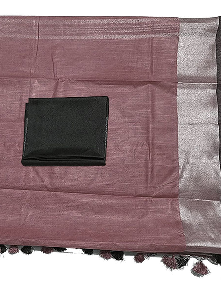 Redwood Brown Bhagalpuri Handloom  Linen Slub Blend Saree With Black Pipin Contrast Blouse Piece - View 3