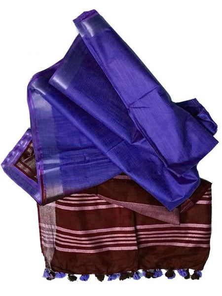 Maroon & Persian Blue Bhagalpuri women's Ethnic Wear Handloom Linen Cotton Blend Zari Border Two Dye Saree With Running Unstitched Blouse Piece - View 3