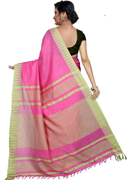 Hot Pink women's Bhagalpuri Handloom Kota Silk Temple Border Saree And Variation Of Colors With Striped Blouse Piece