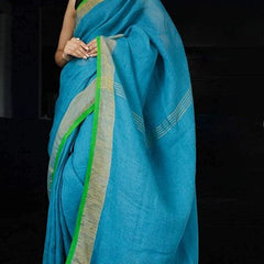 Cyan-Green women's Handloom Bhagalpuri Linen Cotton Blend Saree Ethnic Wear With Contrast Unstitched Blouse Piece - View 4
